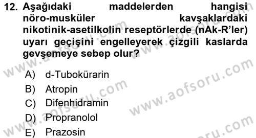 Temel Veteriner Farmakoloji ve Toksikoloji Dersi 2015 - 2016 Yılı (Vize) Ara Sınavı 12. Soru