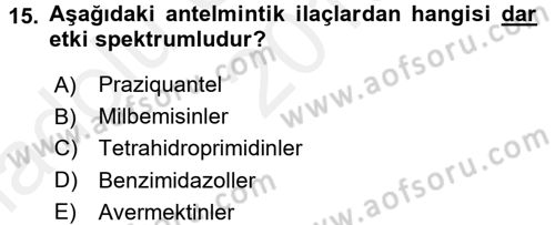 Temel Veteriner Farmakoloji ve Toksikoloji Dersi 2015 - 2016 Yılı (Vize) Ara Sınav Soruları 15. Soru