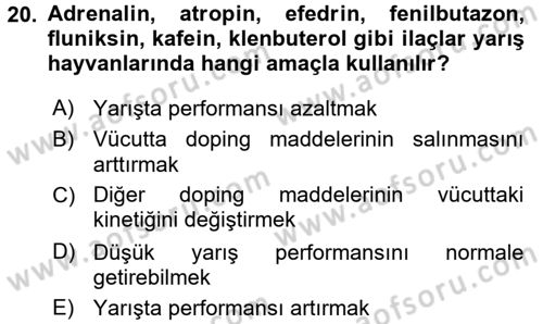 Temel Veteriner Farmakoloji ve Toksikoloji Dersi 2015 - 2016 Yılı (Final) Dönem Sonu Sınav Soruları 20. Soru