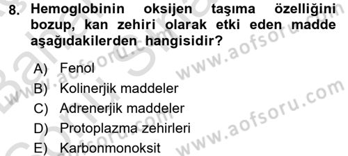 Temel Veteriner Farmakoloji ve Toksikoloji Dersi 2015 - 2016 Yılı (Final) Dönem Sonu Sınav Soruları 8. Soru