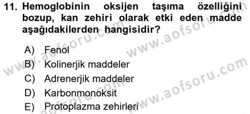 Temel Veteriner Farmakoloji ve Toksikoloji Dersi 2016 - 2017 Yılı 3 Ders Sınav Soruları 11. Soru