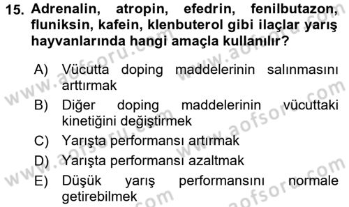 Temel Veteriner Farmakoloji ve Toksikoloji Dersi 2016 - 2017 Yılı 3 Ders Sınavı 15. Soru