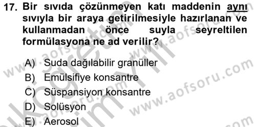 Temel Veteriner Farmakoloji ve Toksikoloji Dersi 2016 - 2017 Yılı 3 Ders Sınavı 17. Soru