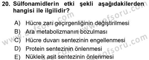 Temel Veteriner Farmakoloji ve Toksikoloji Dersi 2016 - 2017 Yılı (Vize) Ara Sınav Soruları 20. Soru