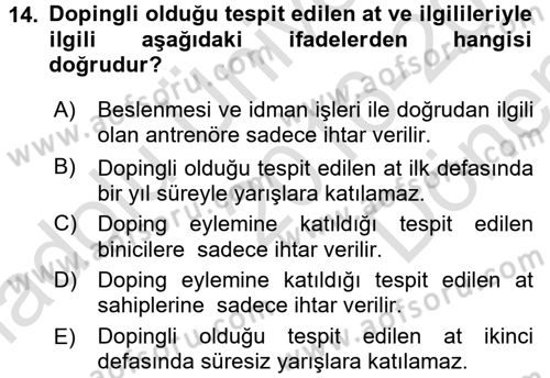 Temel Veteriner Farmakoloji ve Toksikoloji Dersi 2016 - 2017 Yılı (Final) Dönem Sonu Sınavı 14. Soru