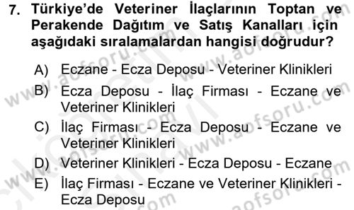 Temel Veteriner Farmakoloji ve Toksikoloji Dersi 2017 - 2018 Yılı 3 Ders Sınav Soruları 7. Soru