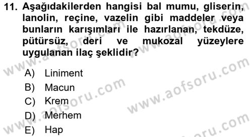 Temel Veteriner Farmakoloji ve Toksikoloji Dersi 2017 - 2018 Yılı (Vize) Ara Sınav Soruları 11. Soru