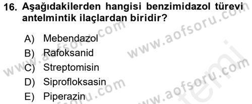 Temel Veteriner Farmakoloji ve Toksikoloji Dersi 2017 - 2018 Yılı (Vize) Ara Sınav Soruları 16. Soru