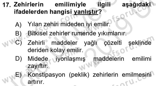 Temel Veteriner Farmakoloji ve Toksikoloji Dersi 2018 - 2019 Yılı 3 Ders Sınavı 17. Soru