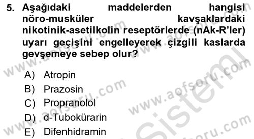 Temel Veteriner Farmakoloji ve Toksikoloji Dersi 2018 - 2019 Yılı 3 Ders Sınavı 5. Soru