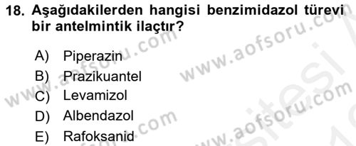 Temel Veteriner Farmakoloji ve Toksikoloji Dersi 2018 - 2019 Yılı (Vize) Ara Sınav Soruları 18. Soru