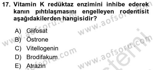 Temel Veteriner Farmakoloji ve Toksikoloji Dersi 2020 - 2021 Yılı Yaz Okulu Sınav Soruları 17. Soru