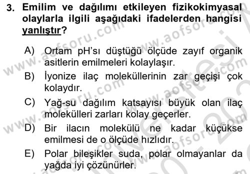 Temel Veteriner Farmakoloji ve Toksikoloji Dersi 2020 - 2021 Yılı Yaz Okulu Sınav Soruları 3. Soru