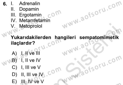 Temel Veteriner Farmakoloji ve Toksikoloji Dersi 2020 - 2021 Yılı Yaz Okulu Sınav Soruları 6. Soru