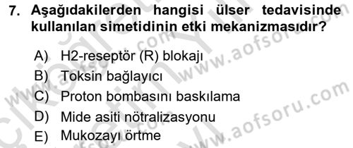 Temel Veteriner Farmakoloji ve Toksikoloji Dersi 2020 - 2021 Yılı Yaz Okulu Sınav Soruları 7. Soru