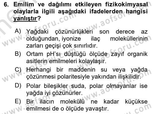 Temel Veteriner Farmakoloji ve Toksikoloji Dersi 2021 - 2022 Yılı (Vize) Ara Sınav Soruları 6. Soru