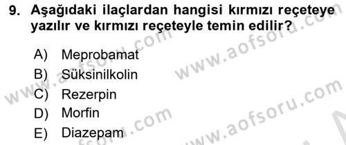 Temel Veteriner Farmakoloji ve Toksikoloji Dersi 2021 - 2022 Yılı (Vize) Ara Sınav Soruları 9. Soru