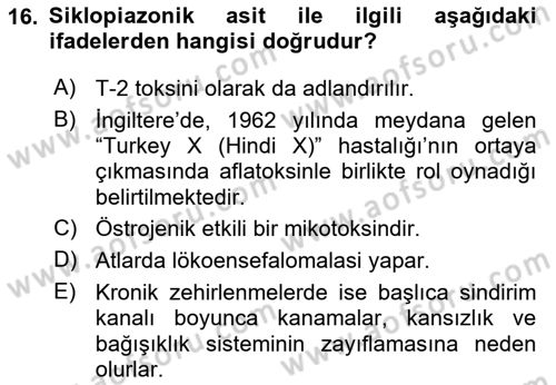 Temel Veteriner Farmakoloji ve Toksikoloji Dersi 2021 - 2022 Yılı (Final) Dönem Sonu Sınav Soruları 16. Soru