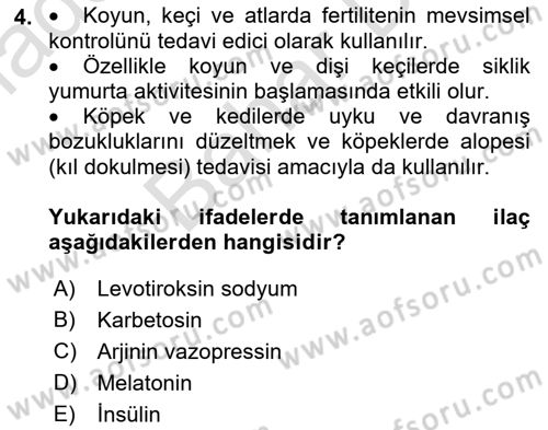 Temel Veteriner Farmakoloji ve Toksikoloji Dersi 2021 - 2022 Yılı (Final) Dönem Sonu Sınav Soruları 4. Soru