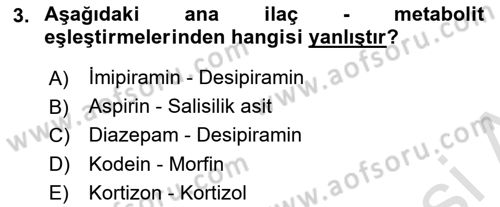 Temel Veteriner Farmakoloji ve Toksikoloji Dersi 2021 - 2022 Yılı Yaz Okulu Sınav Soruları 3. Soru