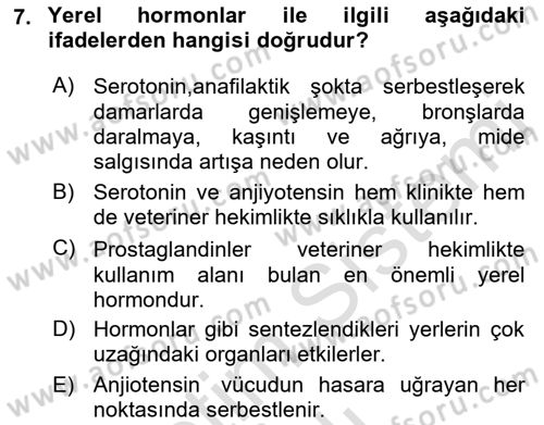 Temel Veteriner Farmakoloji ve Toksikoloji Dersi 2021 - 2022 Yılı Yaz Okulu Sınav Soruları 7. Soru