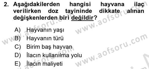 Temel Veteriner Farmakoloji ve Toksikoloji Dersi 2022 - 2023 Yılı Yaz Okulu Sınav Soruları 2. Soru