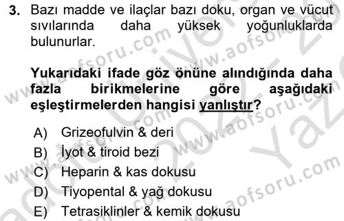 Temel Veteriner Farmakoloji ve Toksikoloji Dersi 2022 - 2023 Yılı Yaz Okulu Sınav Soruları 3. Soru