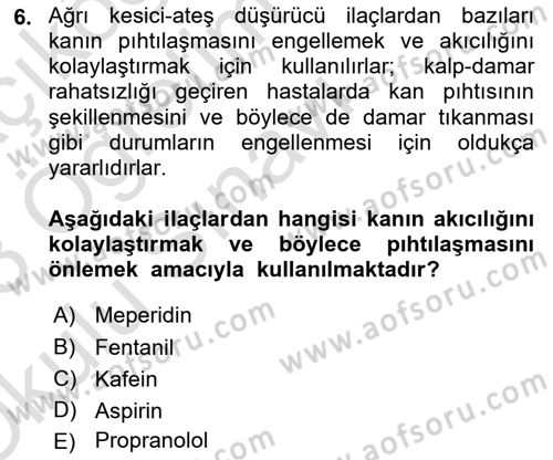 Temel Veteriner Farmakoloji ve Toksikoloji Dersi 2022 - 2023 Yılı Yaz Okulu Sınav Soruları 6. Soru