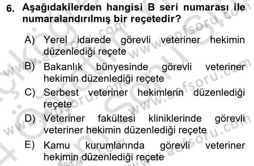 Temel Veteriner Farmakoloji ve Toksikoloji Dersi 2023 - 2024 Yılı (Final) Dönem Sonu Sınavı 6. Soru