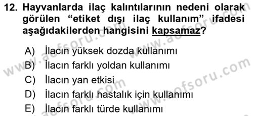 Temel Veteriner Farmakoloji ve Toksikoloji Dersi 2023 - 2024 Yılı Yaz Okulu Sınav Soruları 12. Soru