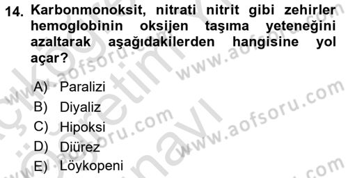 Temel Veteriner Farmakoloji ve Toksikoloji Dersi 2023 - 2024 Yılı Yaz Okulu Sınav Soruları 14. Soru