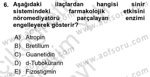 Temel Veteriner Farmakoloji ve Toksikoloji Dersi 2023 - 2024 Yılı Yaz Okulu Sınav Soruları 6. Soru