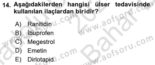 Temel Veteriner Farmakoloji ve Toksikoloji Dersi 2024 - 2025 Yılı (Vize) Ara Sınav Soruları 14. Soru