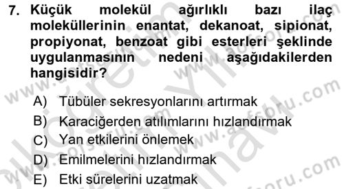 Temel Veteriner Farmakoloji ve Toksikoloji Dersi 2024 - 2025 Yılı (Vize) Ara Sınav Soruları 7. Soru