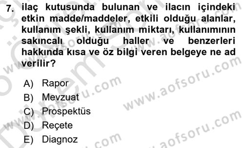 Temel Veteriner Farmakoloji ve Toksikoloji Dersi 2024 - 2025 Yılı (Final) Dönem Sonu Sınav Soruları 7. Soru