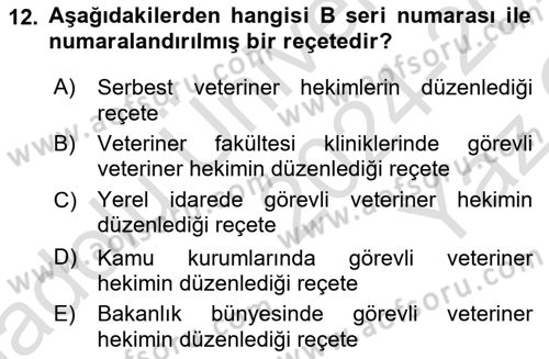 Temel Veteriner Farmakoloji ve Toksikoloji Dersi 2024 - 2025 Yılı Yaz Okulu Sınav Soruları 12. Soru