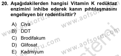 Temel Veteriner Farmakoloji ve Toksikoloji Dersi 2024 - 2025 Yılı Yaz Okulu Sınav Soruları 20. Soru