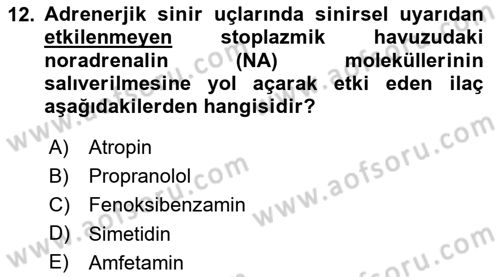 Temel Veteriner Farmakoloji ve Toksikoloji Dersi 2025 - 2026 Yılı (Vize) Ara Sınav Soruları 12. Soru