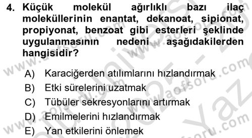 Temel Veteriner Farmakoloji ve Toksikoloji Dersi 2025 - 2026 Yılı Yaz Okulu Sınav Soruları 4. Soru