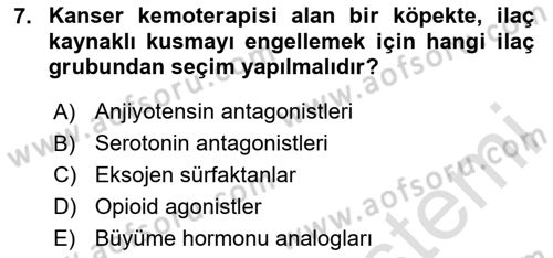 Temel Veteriner Farmakoloji ve Toksikoloji Dersi 2025 - 2026 Yılı Yaz Okulu Sınav Soruları 7. Soru