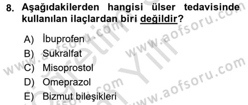 Temel Veteriner Farmakoloji ve Toksikoloji Dersi 2025 - 2026 Yılı Yaz Okulu Sınav Soruları 8. Soru