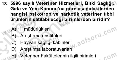 Veteriner Hizmetleri Mevzuatı ve Etik Dersi 2019 - 2020 Yılı (Vize) Ara Sınav Soruları 18. Soru