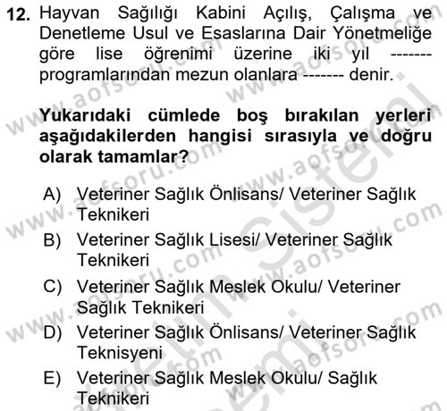 Veteriner Hizmetleri Mevzuatı ve Etik Dersi 2021 - 2022 Yılı (Vize) Ara Sınav Soruları 12. Soru