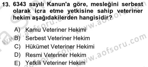 Veteriner Hizmetleri Mevzuatı ve Etik Dersi 2021 - 2022 Yılı (Vize) Ara Sınav Soruları 13. Soru