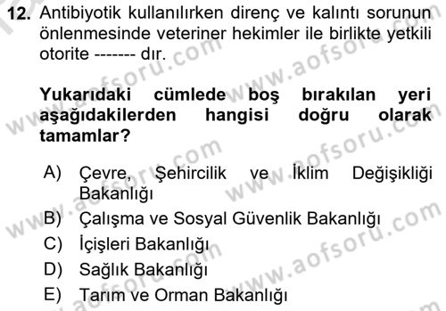 Veteriner Hizmetleri Mevzuatı ve Etik Dersi 2021 - 2022 Yılı Yaz Okulu Sınav Soruları 12. Soru