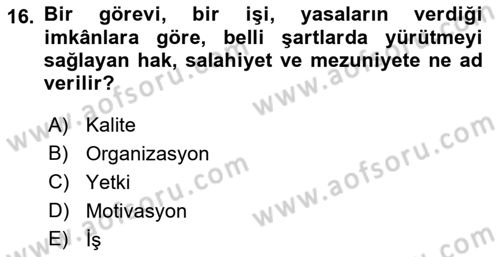 Veteriner Hizmetleri Mevzuatı ve Etik Dersi 2021 - 2022 Yılı Yaz Okulu Sınav Soruları 16. Soru