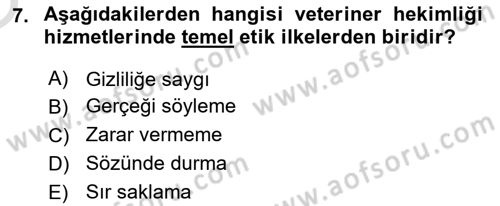 Veteriner Hizmetleri Mevzuatı ve Etik Dersi 2021 - 2022 Yılı Yaz Okulu Sınav Soruları 7. Soru