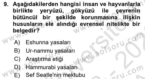 Veteriner Hizmetleri Mevzuatı ve Etik Dersi 2022 - 2023 Yılı (Vize) Ara Sınav Soruları 9. Soru