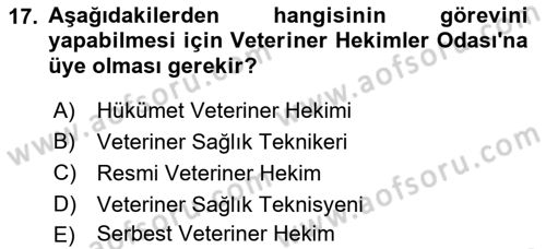 Veteriner Hizmetleri Mevzuatı ve Etik Dersi 2022 - 2023 Yılı (Final) Dönem Sonu Sınav Soruları 17. Soru