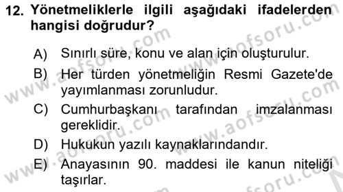 Veteriner Hizmetleri Mevzuatı ve Etik Dersi 2022 - 2023 Yılı Yaz Okulu Sınav Soruları 12. Soru
